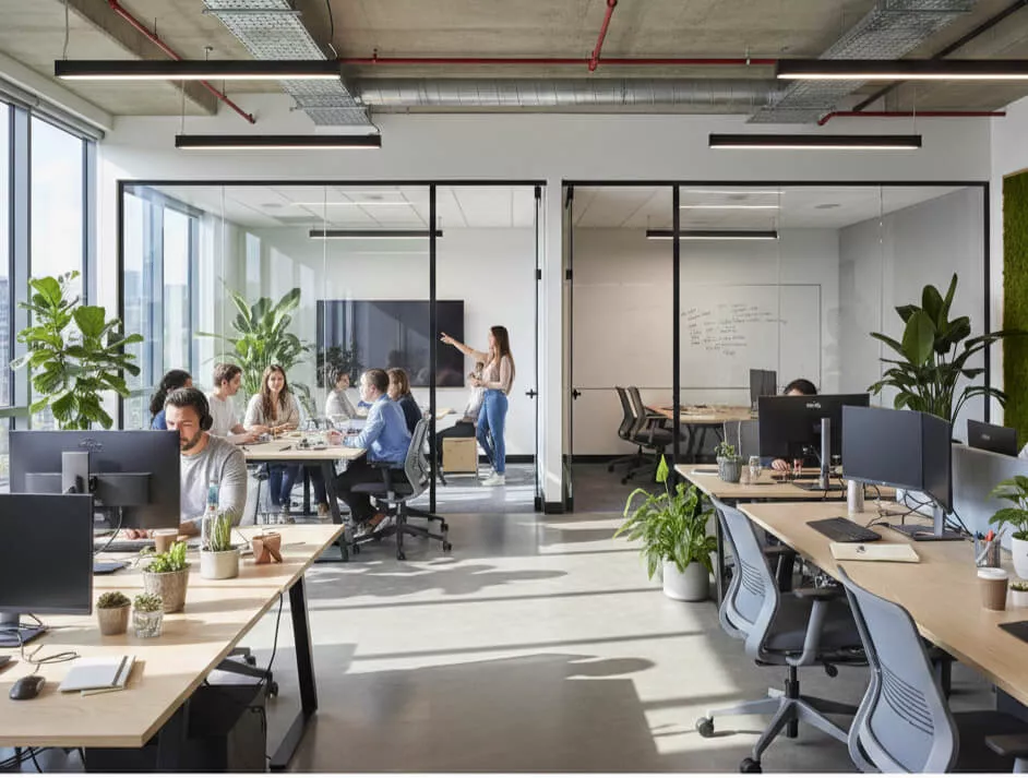 Modern office with glass partitions, natural light, employees collaborating, and flexible, open workspace design.