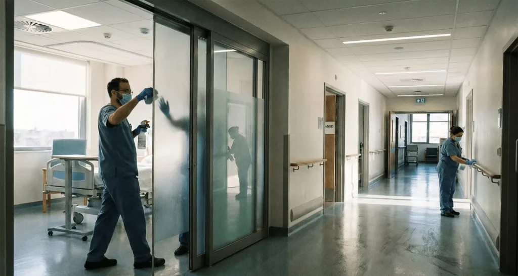 Frosted glass partitions in a hospital, staff disinfecting, natural light, ensuring privacy and infection-safe patient rooms.