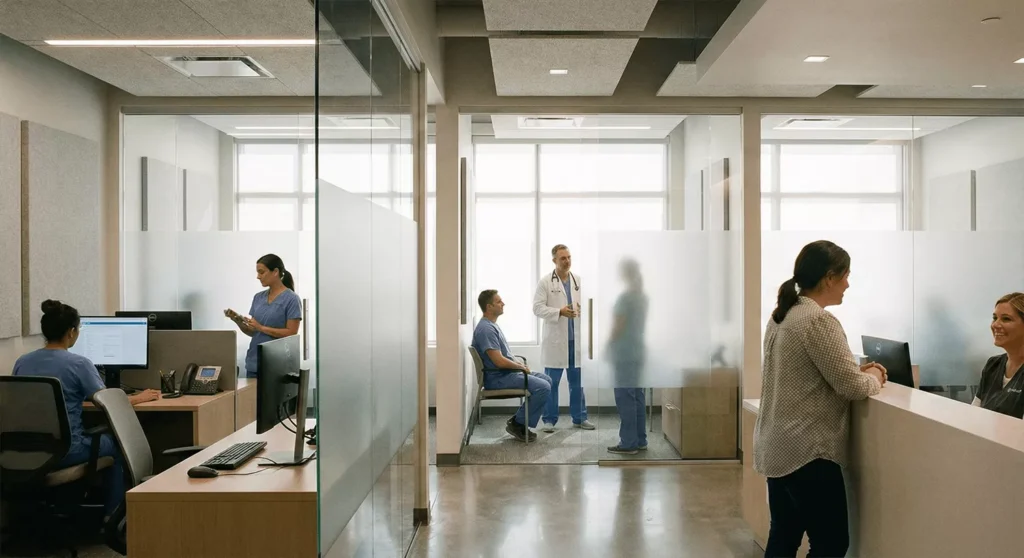 Frosted glass partitions in clinic rooms and reception with staff, diffused light, acoustic privacy, and HIPAA compliance.