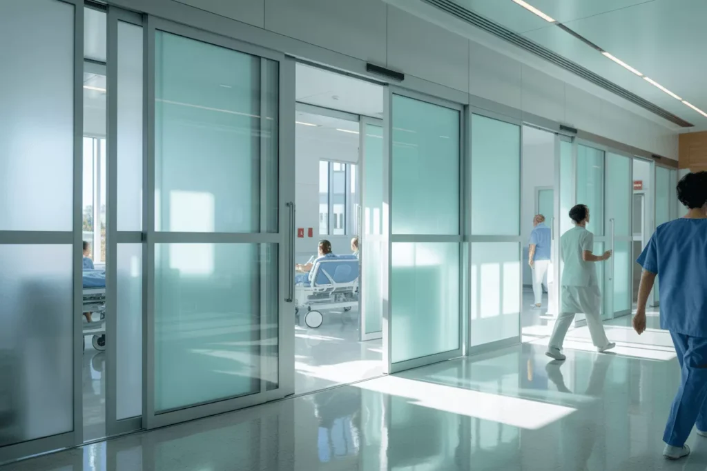 Modern healthcare space with modular frosted glass partitions, privacy, daylight, and flexible, hygienic interiors.