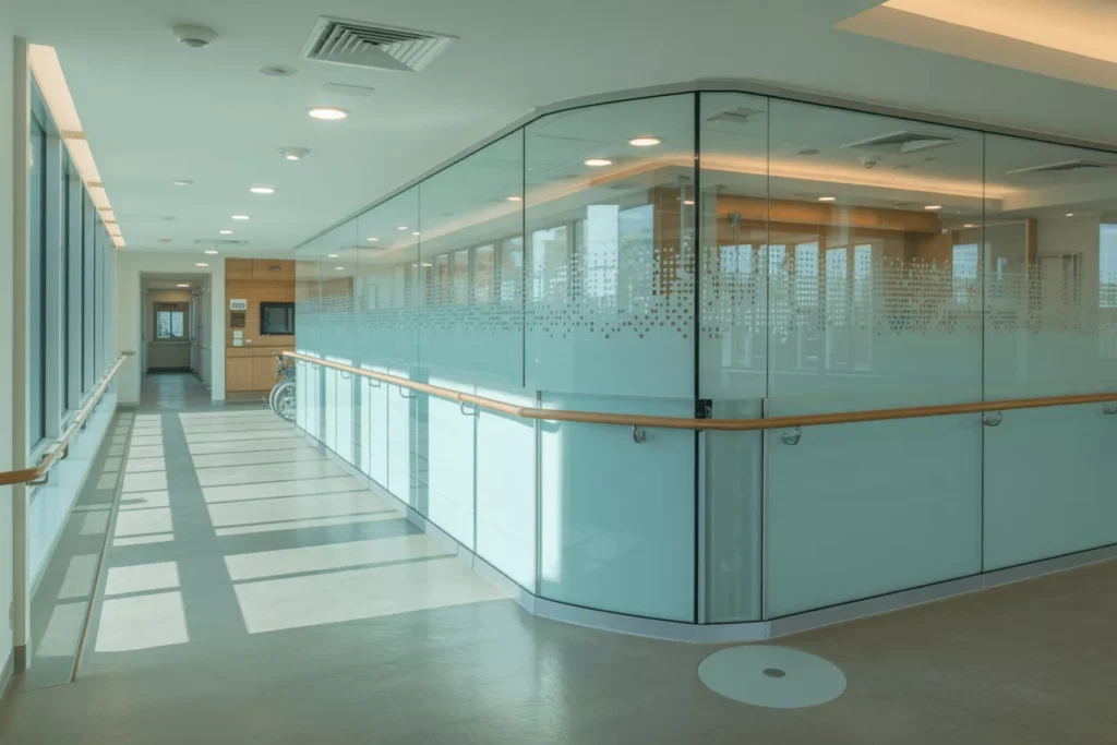 Senior-living facility with clear and frosted glass partitions, wide accessible paths, and bright, well-lit interiors for safety.