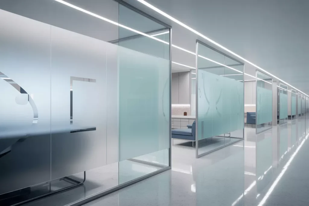 Frosted privacy glass used in hospital and clinic interiors for secure, hygienic, HIPAA-compliant patient spaces.