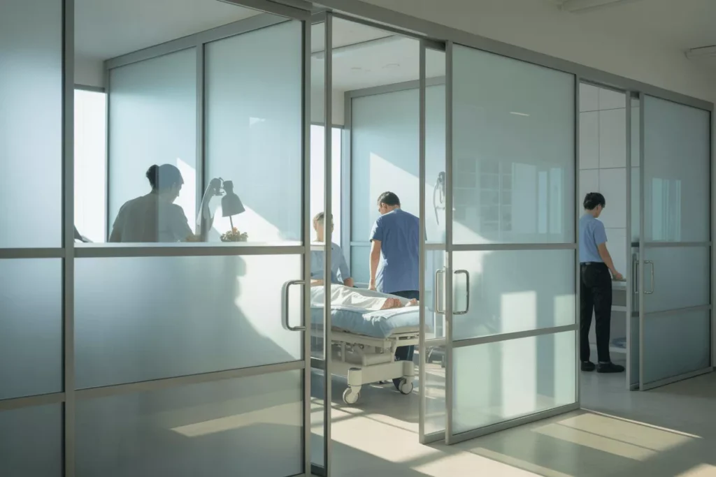 Clinic examination room with frosted glass partitions, ensuring privacy, daylight, hygiene, and professional environment.