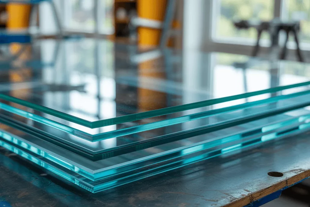 Close-up of a triple-pane insulated glass unit showing three glass layers and two cavities in a realistic workshop.