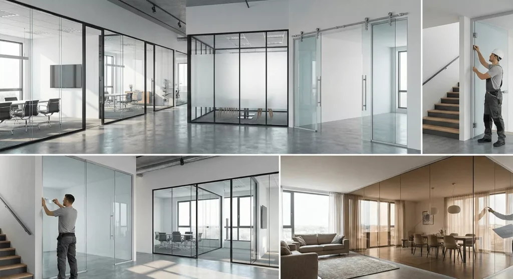 Various glass partition walls in offices and homes showing full-height, frosted, tinted, fire-rated, and sliding panels.