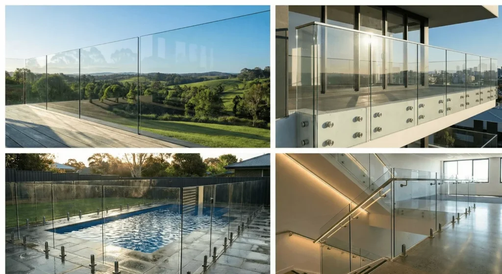 Photo showing frameless, standoff, spigot, post-mounted, and base-shoe glass railings in real settings with realistic lighting..