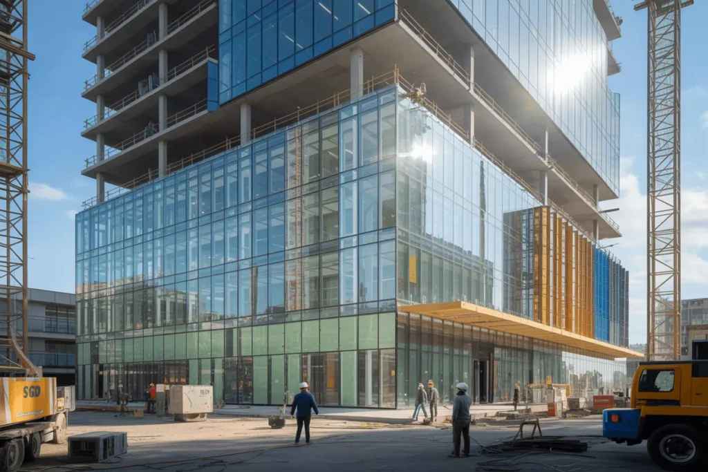 Construction and modern buildings using PVB, SGP, and EVA laminated glass for safety, structure, and decoration.