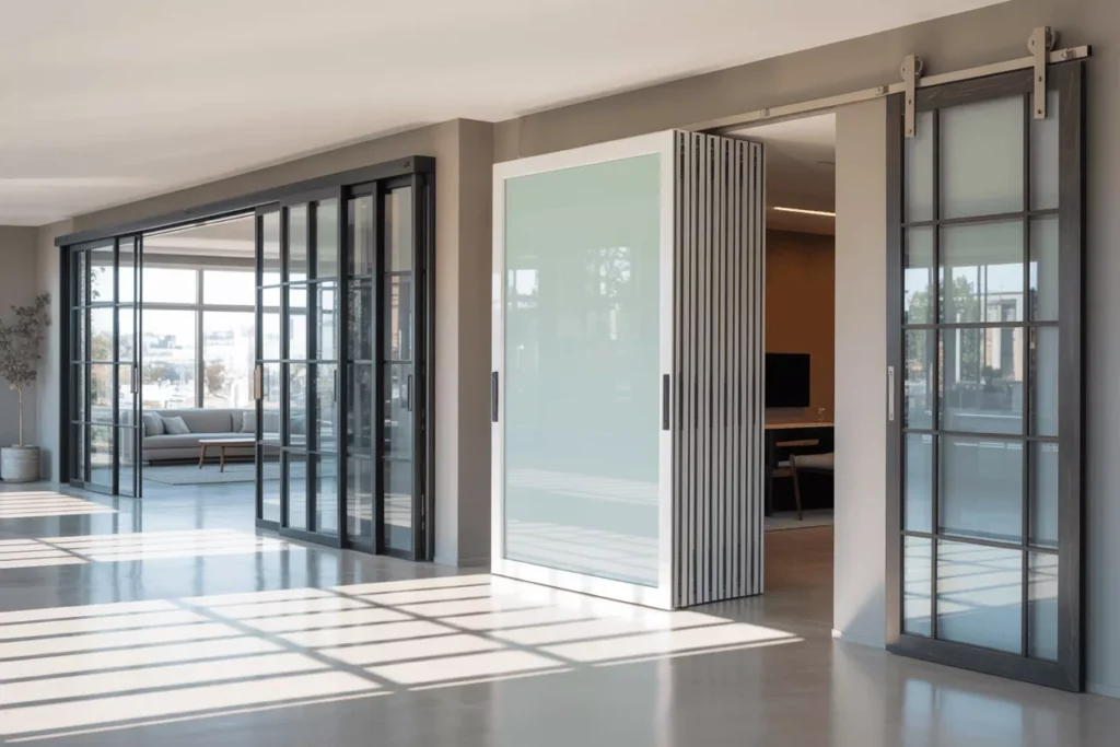 Showroom displaying various sliding glass dividers: frameless, black-framed, frosted privacy panels, and barn-door style.