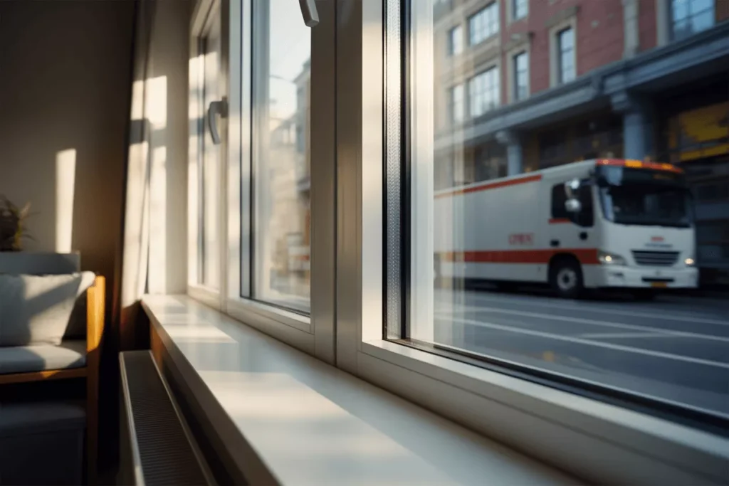 Calm interior with soundproof window; outside a blurred truck passes while the thick acoustic glass keeps the room quiet.