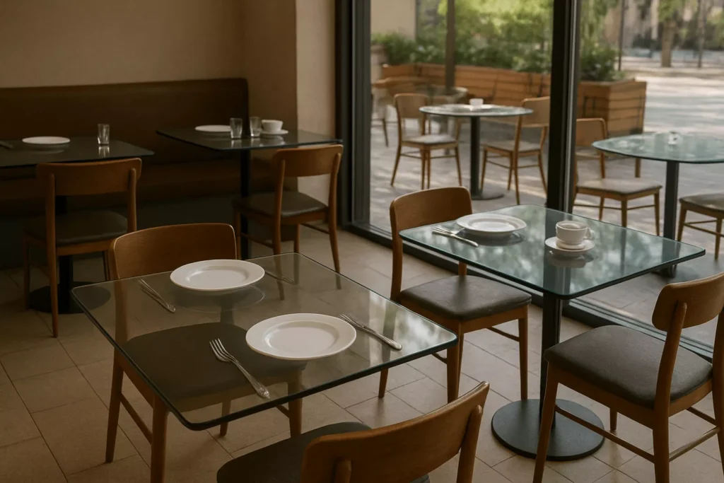 Restaurant and café interior with tempered and laminated glass tabletops, highlighting durable, safe, and visually premium surfaces for indoor and outdoor dining areas.