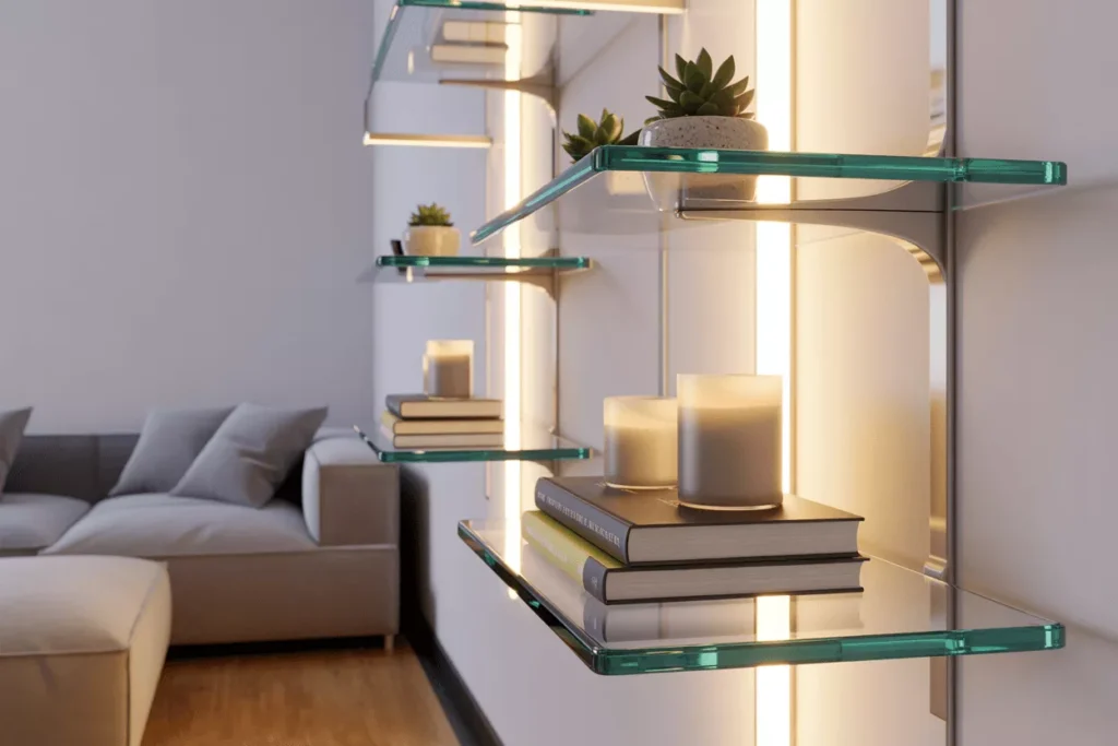 Modern room with clear glass shelves mounted on the wall, holding decorative items and blending with the interior design.