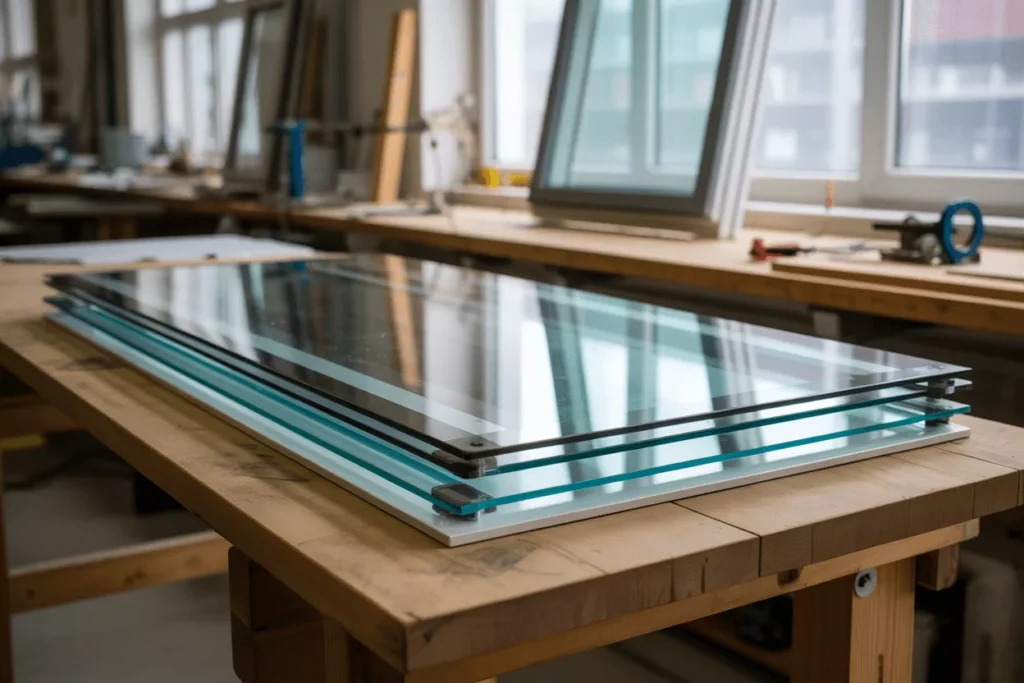 Insulated glass panel with multiple panes and visible spacer shown on a workshop bench highlighting its sealed thermal design.