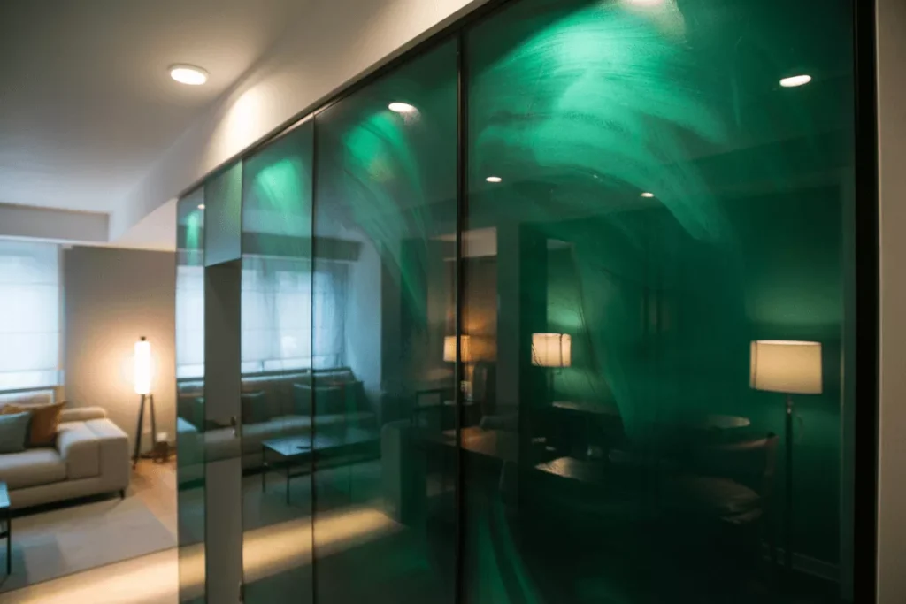 Back-painted glass wall with smooth, glossy finish and rich color, enhancing modern interior aesthetics and durability.