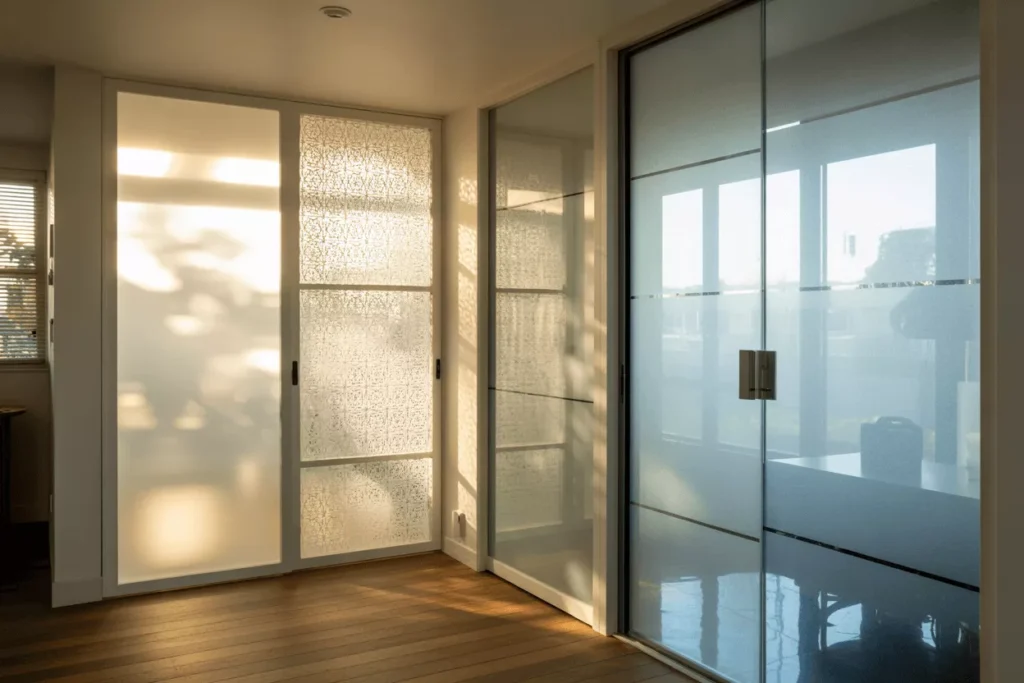 Hallway showing frosted, patterned, laminated, and privacy film glass used in doors and windows for light and privacy.