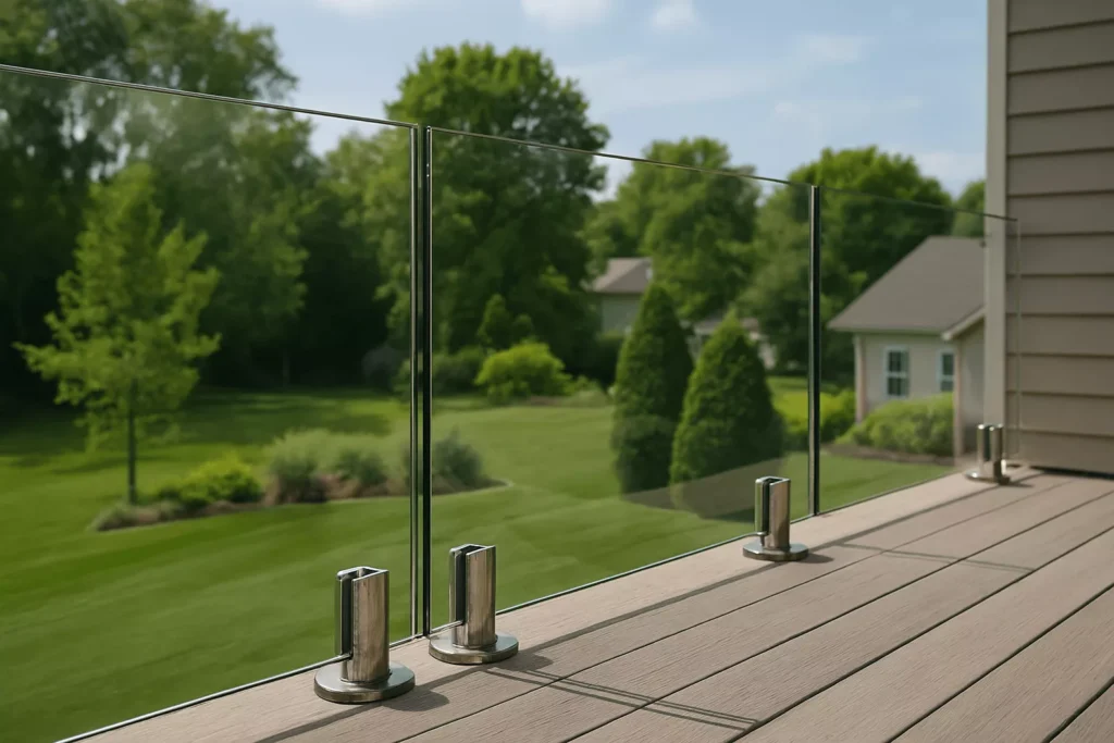 Real balcony with frameless tempered glass railing and stainless-steel hardware, shot in natural daylight with realistic reflections.