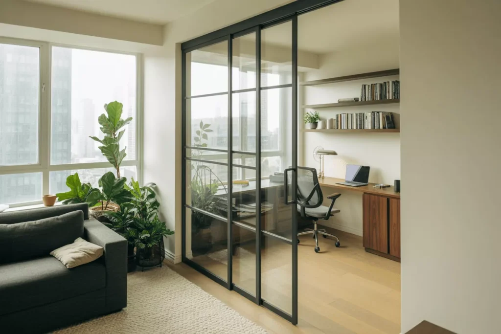Modern sliding glass doors separating a bright living room and office nook, allowing natural light to flow freely.