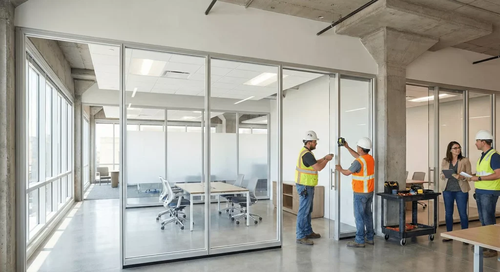 Glass partition walls in an office creating light-filled, flexible spaces while contractors adjust panels with tools.