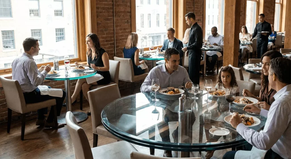 Round glass restaurant tables of different sizes with clean reflections, diners seated, and safe, durable commercial glass.