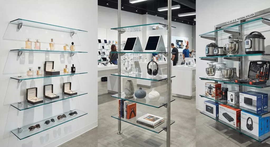  Commercial glass shelves of varying thicknesses displaying products safely with reflections, shadows, and realistic supports.