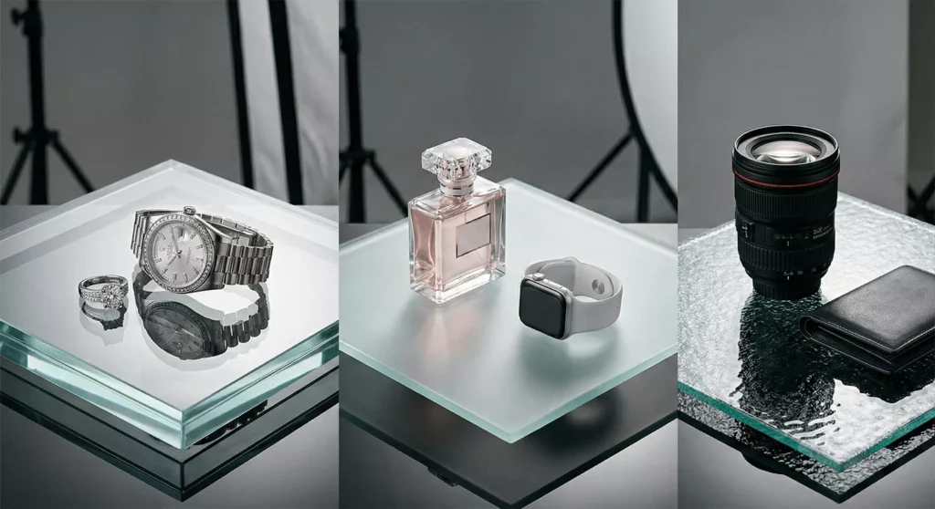 Luxury products on glass panels with crisp reflections, soft and hard lighting, backlighting, and realistic studio details.
