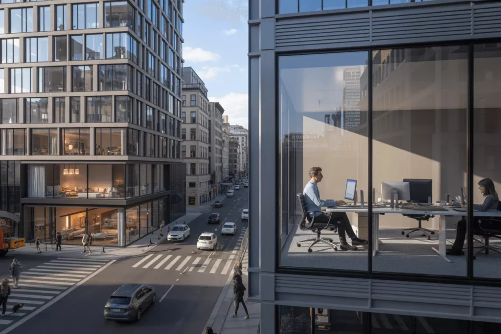 Modern home and office with insulated glass windows, showing quiet interiors despite busy urban surroundings.