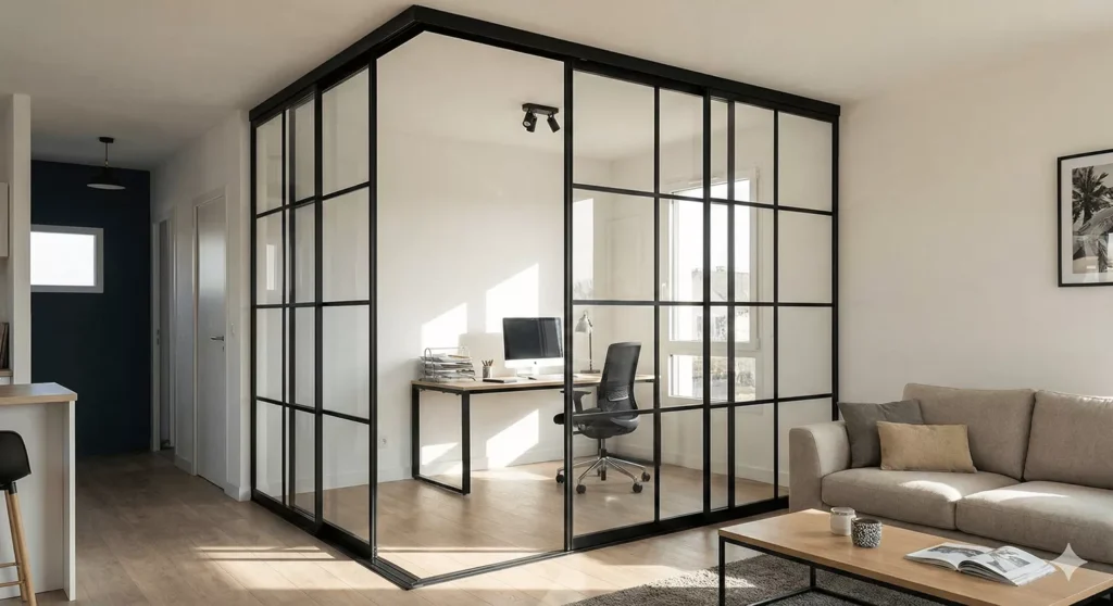 Open-concept home using sliding glass dividers to create separate bedroom, living room, and home office zones.