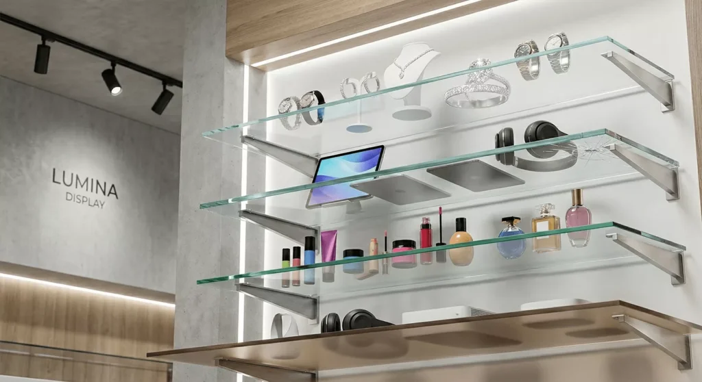 Retail shelves showing tempered, laminated, low-iron, and frosted glass with products, reflections, and subtle shadows.