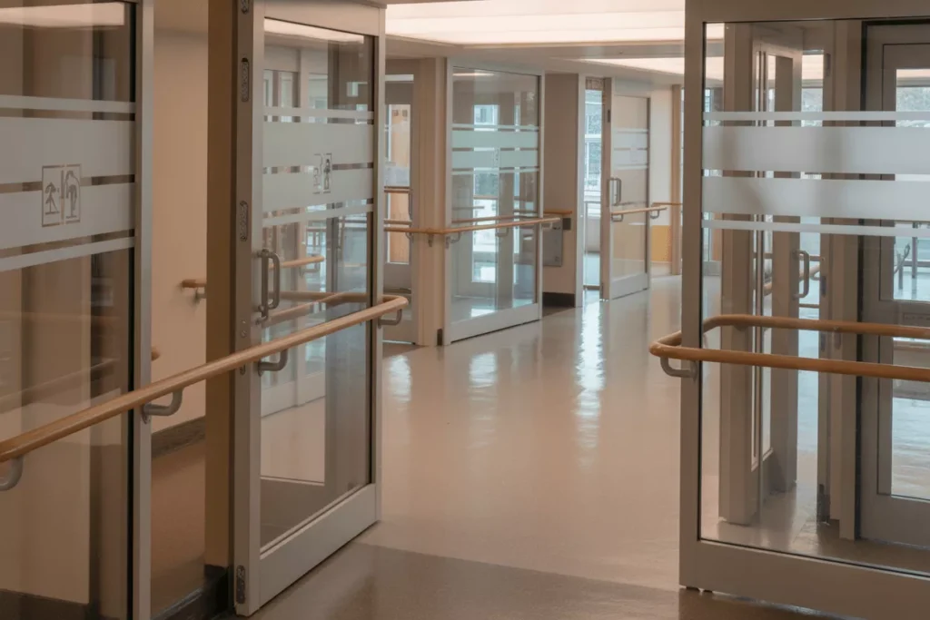 ADA-compliant hallway with tempered glass partitions, safety strips, and wide accessible pathways in a senior-living facility.