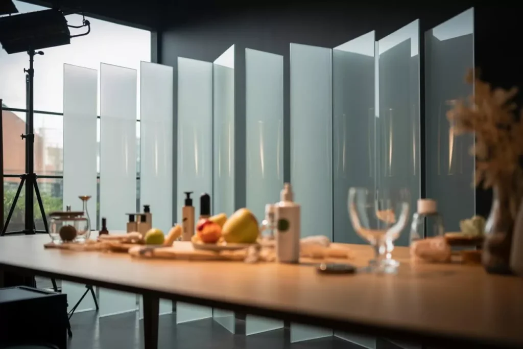 Real professional photography studio with low-iron back-painted glass panels, natural lighting, product props, and realistic reflections.