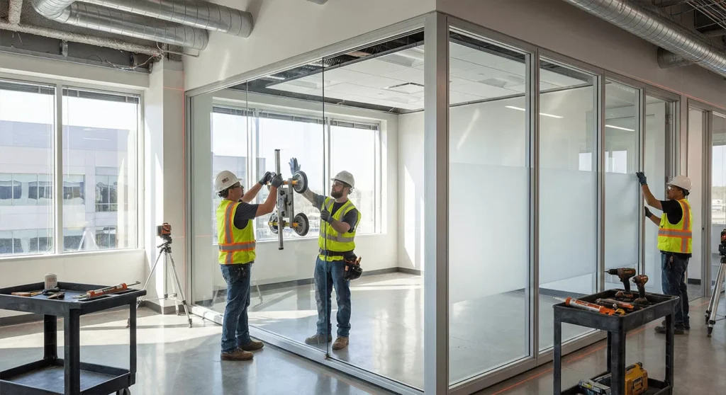Contractors installing modern glass partition walls in a commercial office with reflections, natural light, and tools.