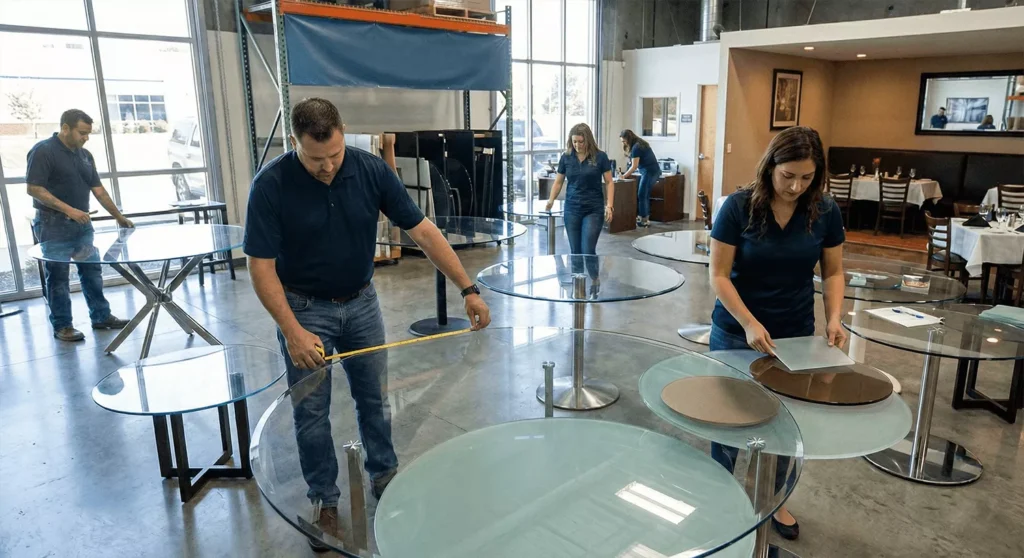Restaurant showroom with various Fab Glass & Mirror round glass tabletops showing edges, sizes, types, and reflections.