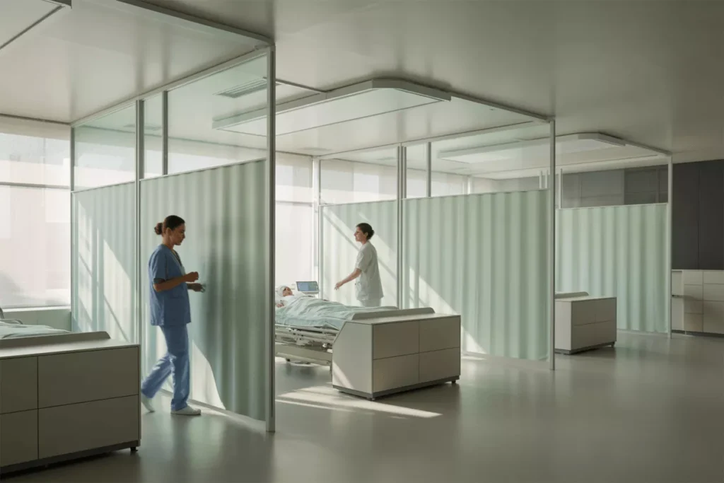 Hospital room with frosted glass partitions replacing curtains, ensuring privacy, hygiene, and natural daylight.
