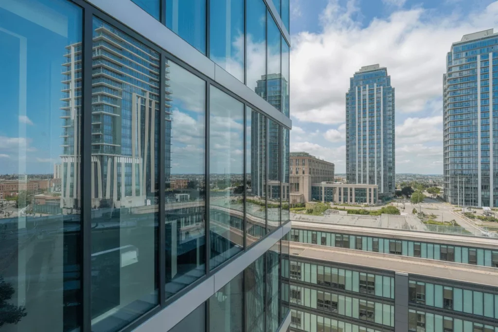 Laminated glass used in modern buildings, showing safe, durable windows in high-rises, homes, and public facilities.