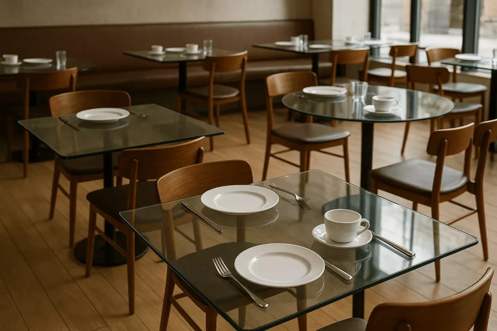  Modern restaurant and café interior with clear glass tabletops, plates, cups, and cutlery, highlighting durable, hygienic, and scratch-resistant surfaces for high-traffic dining spaces.