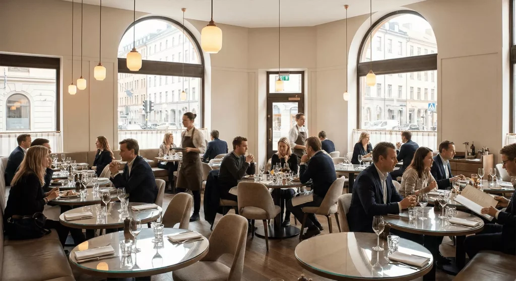 Round glass tables in a modern restaurant with clean reflections, versatile seating, and staff serving customers efficiently.