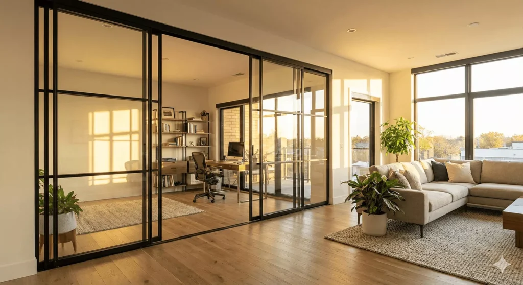 Sun-drenched living room with sliding glass partitions creating a bright, separate home office workspace.
