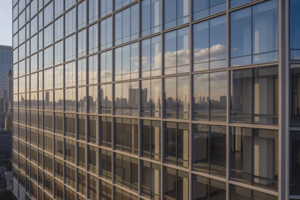 Modern building with laminated glass windows showcasing safety, durability, UV protection, and structural performance.