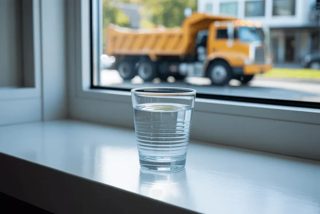 Water in a glass on a window sill rippling from the vibration of heavy traffic noise outside a closed window.