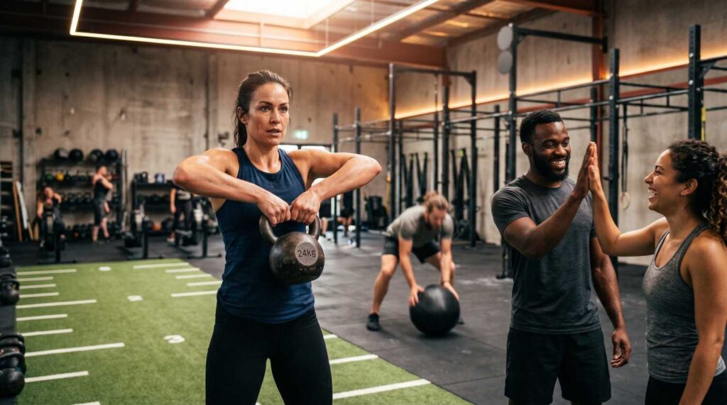 Upscale commercial fitness center with a large gym mirror wall, featuring athletes training on a green turf area.