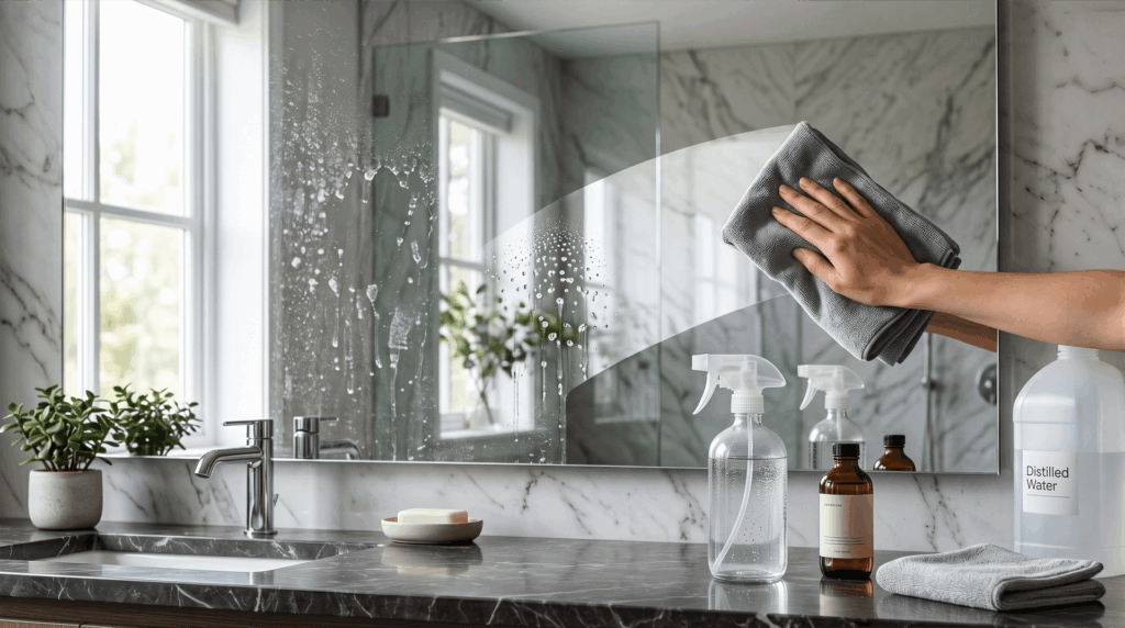Streak-free bathroom mirror being cleaned with a microfiber cloth above a marble vanity countertop.