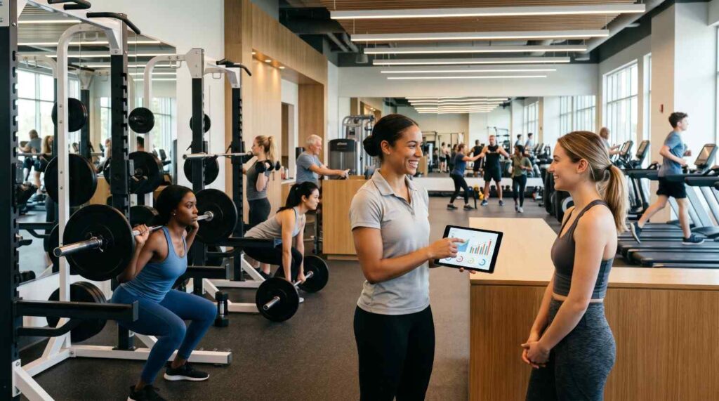 Trainer reviewing fitness data on a tablet in a modern commercial gym equipped with a large background gym mirror.