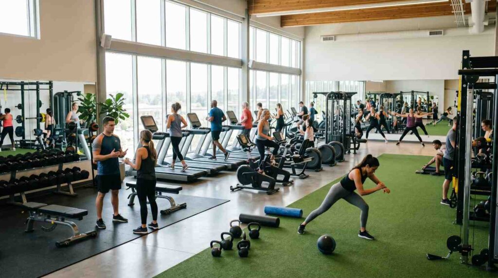 Spacious commercial fitness center with a gym mirror setup, showing athletes training