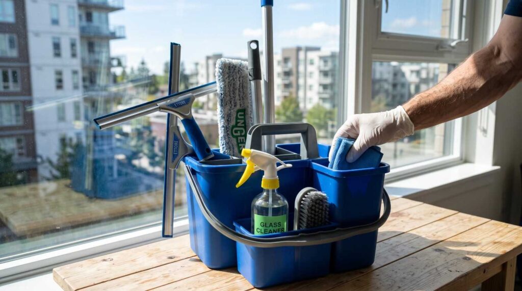 Glass window cleaning kit in a blue caddy with squeegees, spray bottle, and microfiber cloths