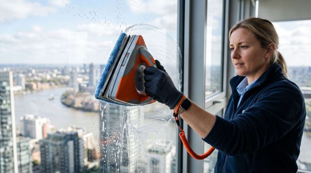 Woman cleaning high-rise window glass with a dual-sided magnetic glass cleaner.