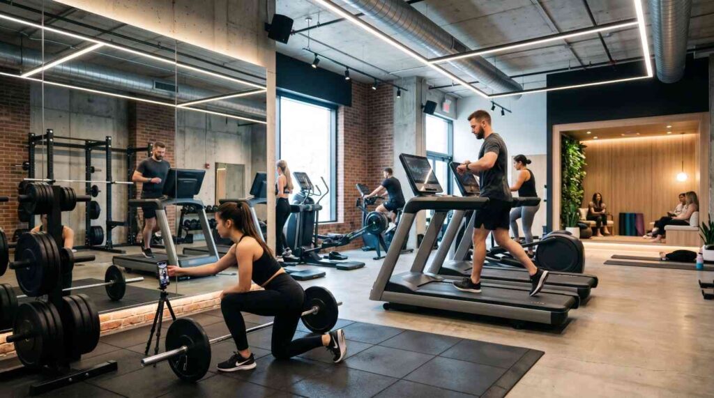 Modern gym with a large gym mirror setup, showing athletes lifting weights and running on treadmills.