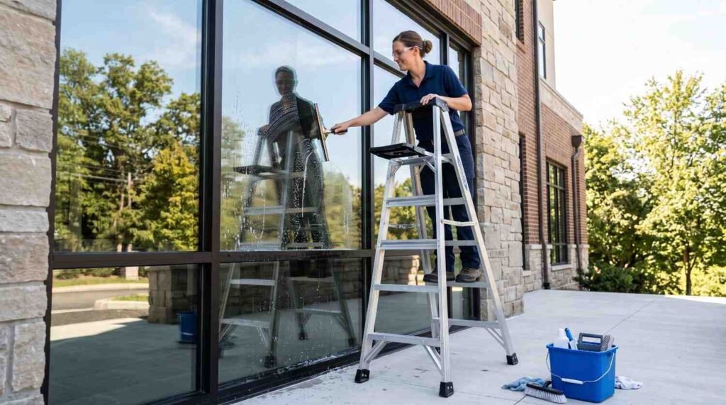 Professional performing glass window cleaning on a commercial building using a squeegee and stepladder.