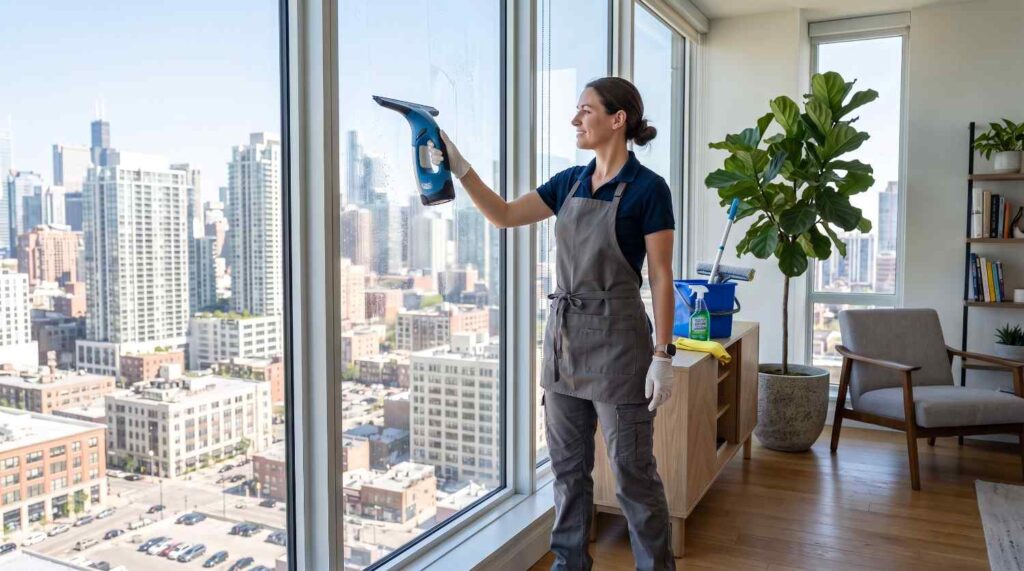 Woman operating a handheld vacuum glass cleaner on high-rise floor-to-ceiling windows.