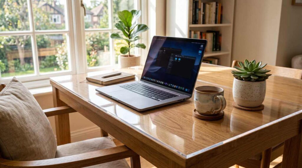 Clear glass desk top protector covering a wooden desk with laptop workspace setup.