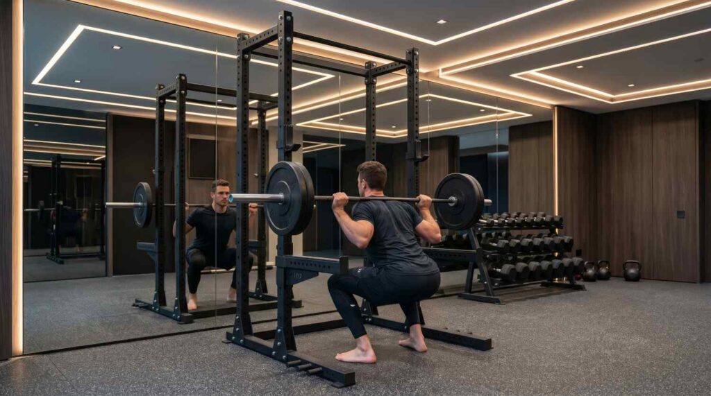Large gym mirror wall reflecting an athlete performing barbell squats in a premium commercial fitness studio.