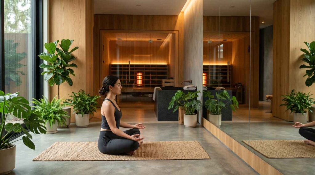 Full-wall gym mirror reflecting a woman meditating in a modern wellness studio with an infrared sauna.
